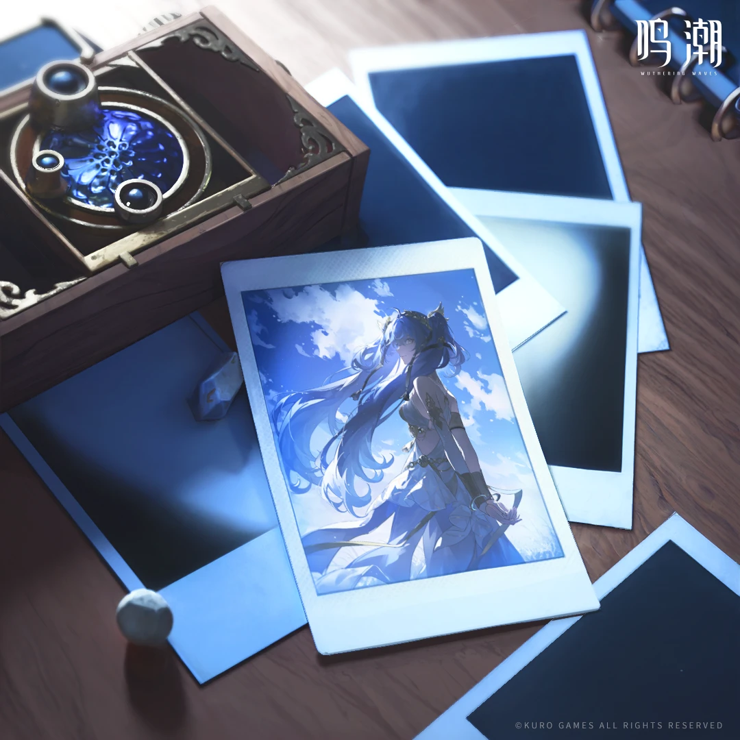 iuno (wuthering waves), wuthering waves, official art, 1girl, ahoge, ancient greek clothes, armlet, arms behind back, bare shoulders, blue eyes, blue sky, breasts, closed mouth, copyright notice, day, from side, gold bra, greco-roman clothes, hair belt, head wreath, jewelry, logo, long hair, looking to the side, medium breasts, missing commentary, outdoors, sky, smile, solo, twintails, very long hair, wind