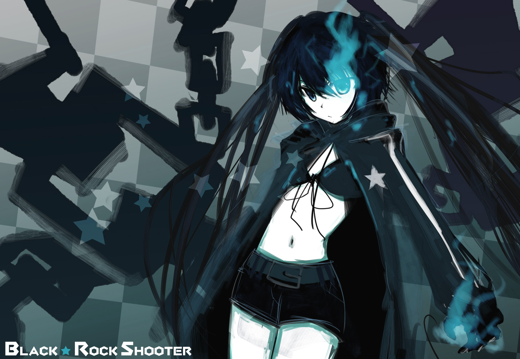 asagi (kabocha oukoku), hisago (pixiv), black rock shooter (character), hatsune miku, black rock shooter, vocaloid, bad id, bad pixiv id, highres, 10s, 1girl, black hair, blacku00e2u02dcu2026rock shooter, blue eyes, chain, female focus, long hair, midriff, shorts, solo, twintails