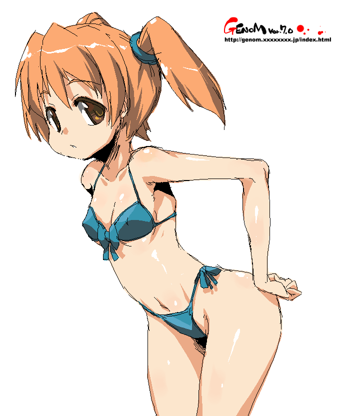 onija tarou, original, bent over, bikini, blue bikini, brown eyes, hip focus, oekaki, orange hair, solo, swimsuit, twintails, wide hips