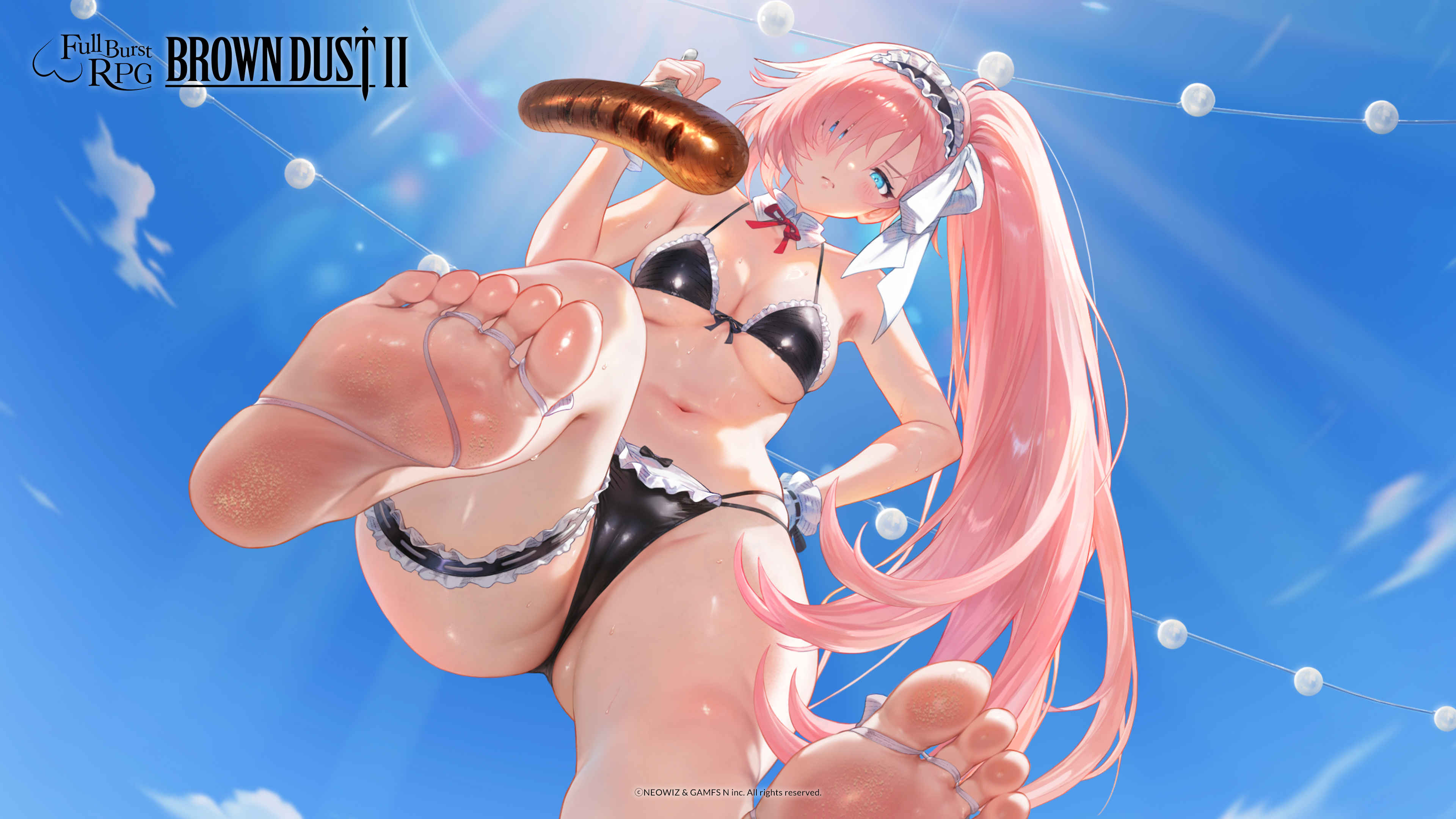 rubia (brown dust), brown dust (series), brown dust 2, absurdres, highres, official art, official wallpaper, 1girl, armpits, bare shoulders, barefoot, bikini, black bikini, blue eyes, blue sky, blush, bow, breasts, cleavage, closed mouth, cloud, collarbone, copyright name, copyright notice, day, detached collar, food, fork, frilled bikini, frilled bow, frills, from below, frown, groin, hair between eyes, hair bow, hair over one eye, hand on own hip, holding, holding fork, invisible floor, lamp, large breasts, lens flare, long hair, looking at viewer, maid, maid bikini, maid headdress, multi-strapped bikini bottom, navel, neck ribbon, official alternate costume, outdoors, pov, red ribbon, ribbon, sausage, side-tie bikini bottom, side ponytail, single sidelock, skindentation, sky, soles, solo, standing, stomach, swimsuit, thigh strap, unconventional maid, very long hair, white bow, wrist cuffs