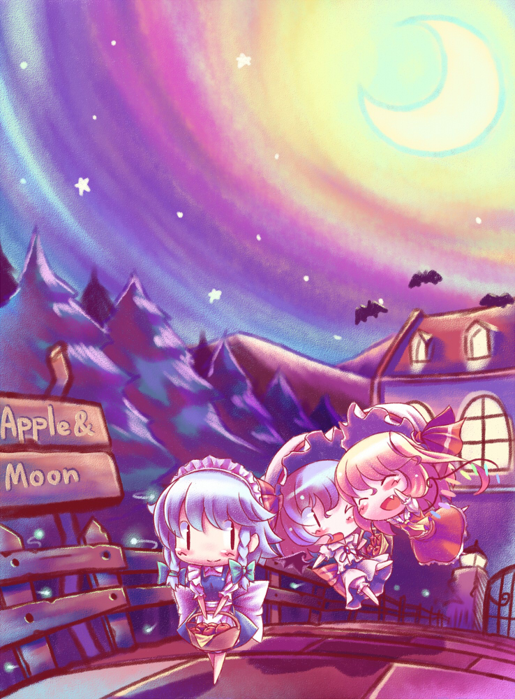 takahero, flandre scarlet, izayoi sakuya, remilia scarlet, touhou, 3girls, chibi, female focus, hat, maid, mob cap, multiple girls, nature, outdoors, plant, ribbon, short hair, sky, wings