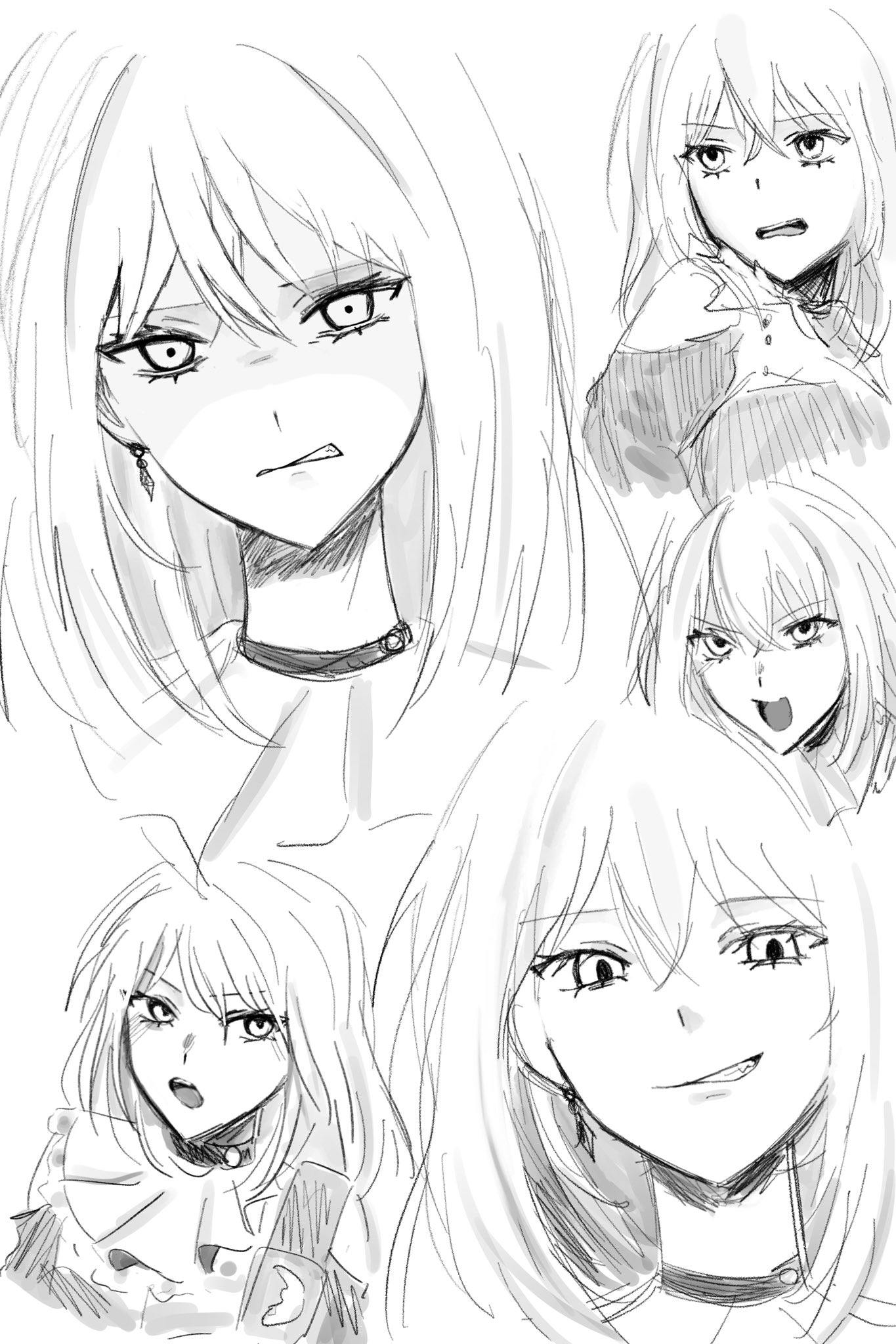 doloris (bang dream!), misumi uika, bang dream!, bang dream! it's mygo!!!!!, commentary request, highres, 1girl, clenched teeth, clothing cutout, earrings, fang, greyscale, hair between eyes, jewelry, medium hair, monochrome, multiple views, open mouth, shoulder cutout, smirk, teeth, white background, yu ux xy