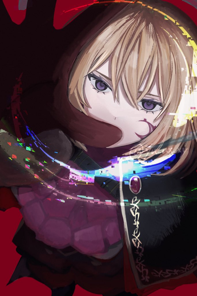 aver (yumenokessho), doloris (bang dream!), misumi uika, bang dream!, bang dream! it's mygo!!!!!, commentary, 1girl, black capelet, blonde hair, capelet, facial mark, gloves, hair between eyes, medium hair, purple eyes, red background, red brooch, red gloves, simple background, solo, yu ux xy, yumenokessho