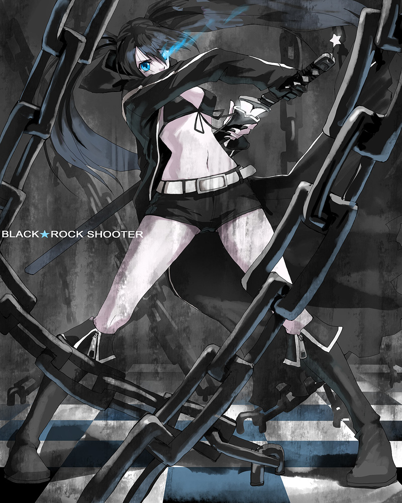 akito, black rock shooter (character), hatsune miku, black rock shooter, vocaloid, 10s, 1girl, black hair, blacku00e2u02dcu2026rock shooter, blue eyes, breasts, chain, female focus, full body, katana, long hair, midriff, shorts, solo, sword, twintails, weapon