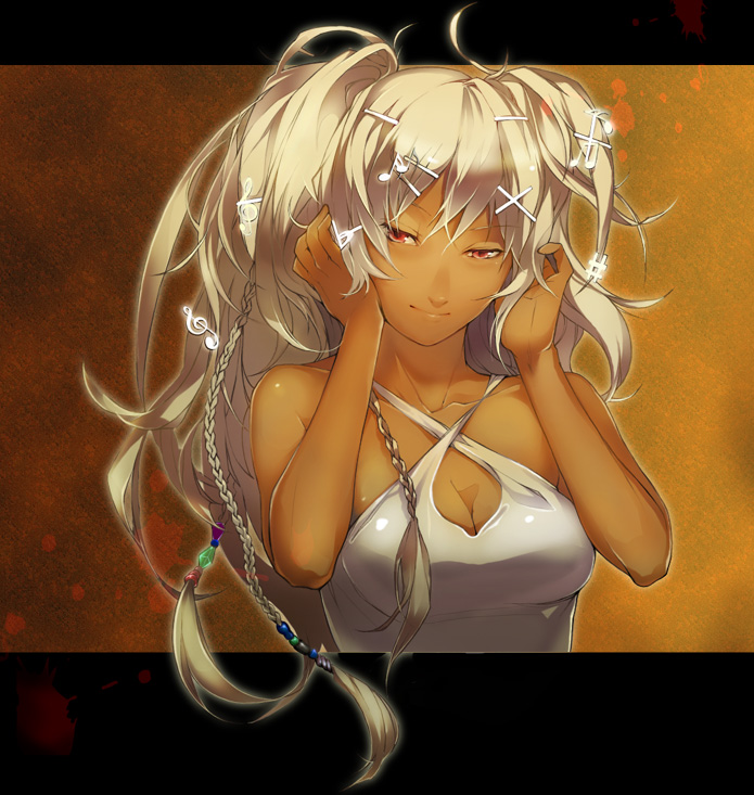 tsujisaki, bad id, bad pixiv id, 1girl, blonde hair, braid, dark-skinned female, dark skin, dress, female focus, flat sign, hair ornament, hairclip, long hair, musical note, notes, red eyes, sharp sign, smile, solo, treble clef