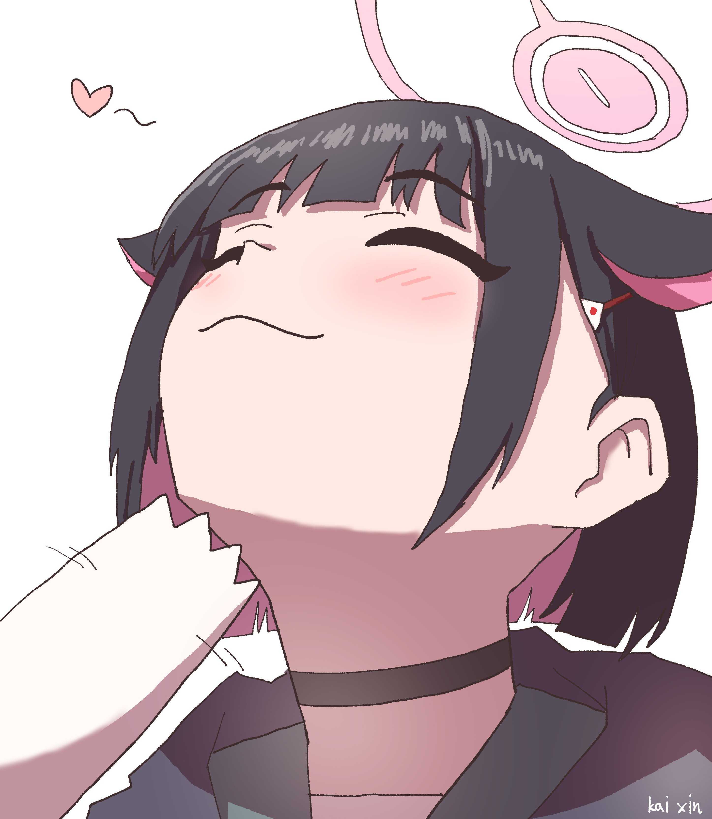 kai xin, kazusa (blue archive), blue archive, absurdres, highres, 1girl, :3, animal ears, artist name, black choker, black hair, blunt bangs, blush, cat ears, choker, closed eyes, closed mouth, colored inner hair, extra ears, hair ornament, hairclip, halo, heart, hood, hoodie, multicolored hair, pink hair, portrait, short hair, simple background, smile, solo, two-tone hair, white background