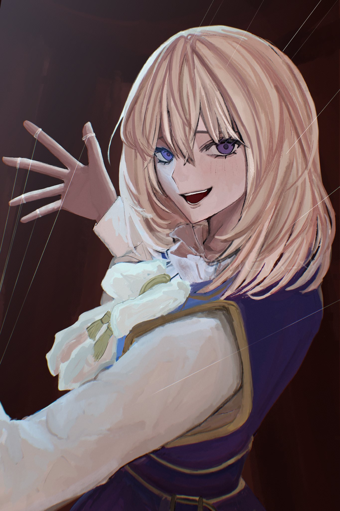 misumi uika, bang dream!, bang dream! it's mygo!!!!!, commentary, highres, 1girl, aegyo sal, blue eyes, blue vest, blush, bow, bowtie, brown background, hachibousei dance (bang dream!), hair between eyes, looking at viewer, open mouth, puppet strings, shirt, solo, teeth, upper body, vest, white bow, white bowtie, white shirt, yu ux xy