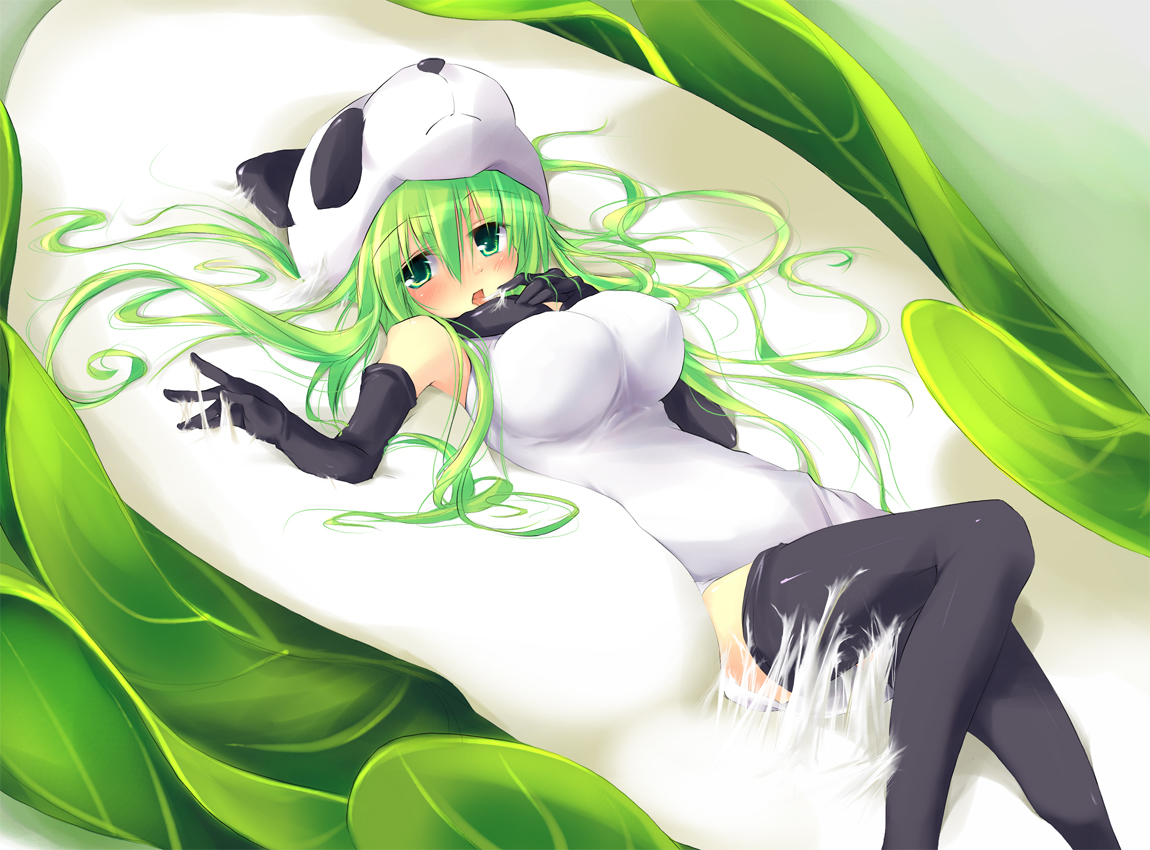 sakurano miya, original, 1girl, animal costume, blush, breasts, elbow gloves, female focus, food, gloves, green eyes, green hair, large breasts, long hair, matching hair/eyes, mochi, panda, solo, stuck, thighhighs, wagashi