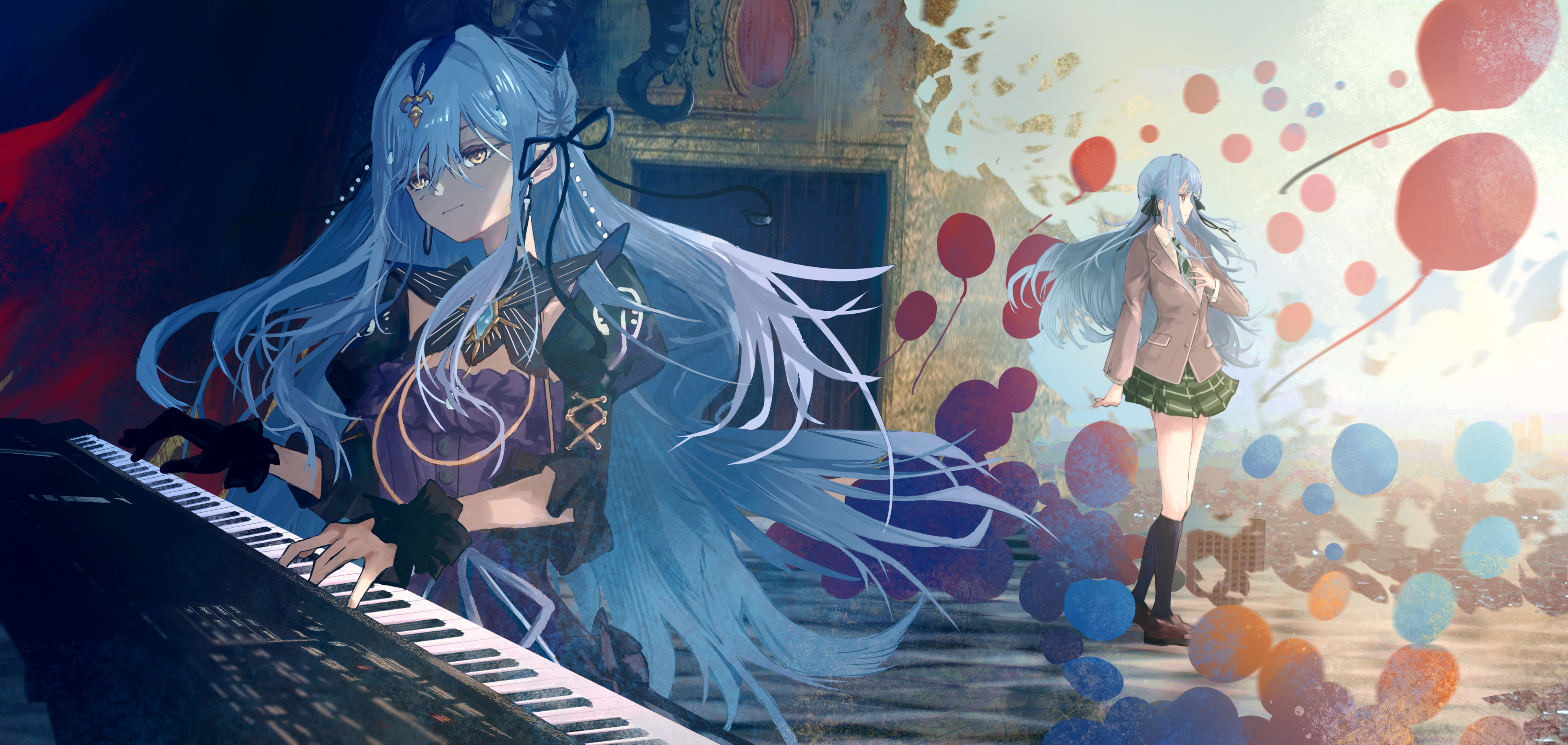 cede (xxmaycry), oblivionis (bang dream!), togawa sakiko, togawa sakiko (master of melodia), arknights, bang dream!, bang dream! it's mygo!!!!!, absurdres, chinese commentary, commentary, commentary request, english commentary, highres, mixed-language commentary, textless version, 1girl, balloon, black gloves, black horns, black ribbon, blue hair, curled horns, gloves, green necktie, green skirt, grey jacket, hair ribbon, haneoka school uniform, horns, instrument, jacket, keyboard (instrument), long hair, multiple views, music, necktie, picture frame, plaid clothes, plaid skirt, playing instrument, ribbon, school uniform, sidelocks, single glove, skirt, standing, wrist cuffs, yellow eyes
