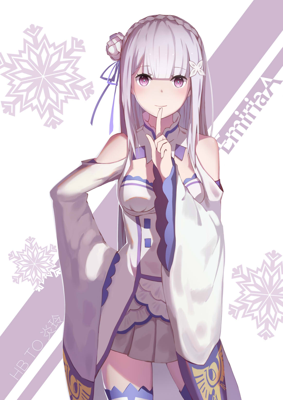 lenka1264504528, emilia (re:zero), re:zero kara hajimeru isekai seikatsu, highres, 1girl, braid, breasts, crown braid, dress, flower, grey hair, hair flower, hair ornament, hair ribbon, long hair, looking at viewer, medium breasts, pointy ears, purple eyes, ribbon, white flower, white hair, x hair ornament