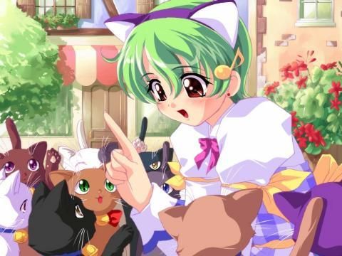 game cg, lowres, 1girl, animal ears, cat, cat ears, class, fake animal ears, female focus, green hair, headband, musical note, short hair, solo, teacher, too many, too many cats