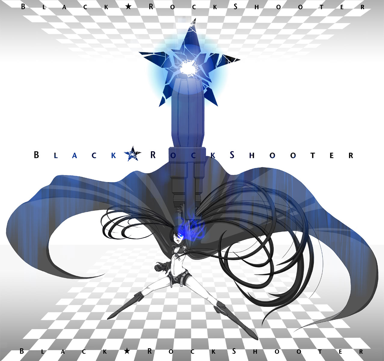 task (artist), black rock shooter (character), black rock shooter, bad id, bad pixiv id, highres, 10s, 1girl, arm cannon, belt, black hair, blacku00e2u02dcu2026rock shooter, blue eyes, female focus, gun, long hair, midriff, one eye closed, open belt, open fly, shorts, solo, twintails, unzipped, weapon, wink