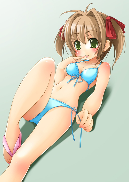 shibacha, original, 1girl, bikini, blue bikini, blush, bow, breasts, brown hair, cleavage, female focus, finger to mouth, flip-flops, green eyes, hair intakes, hair ribbon, knee up, looking at viewer, lying, on back, red bow, ribbon, sandals, side-tie bikini bottom, solo, swimsuit, twintails, untied bikini