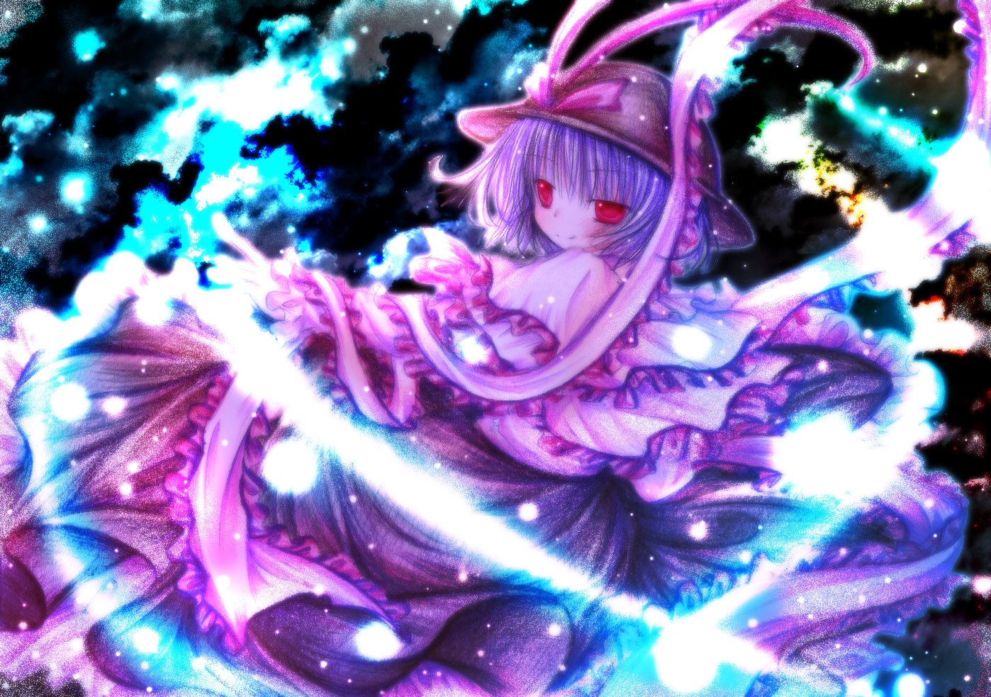 kasuga sunao, nagae iku, touhou, bad id, bad pixiv id, 1girl, female focus, hat, purple hair, ribbon, short hair, solo