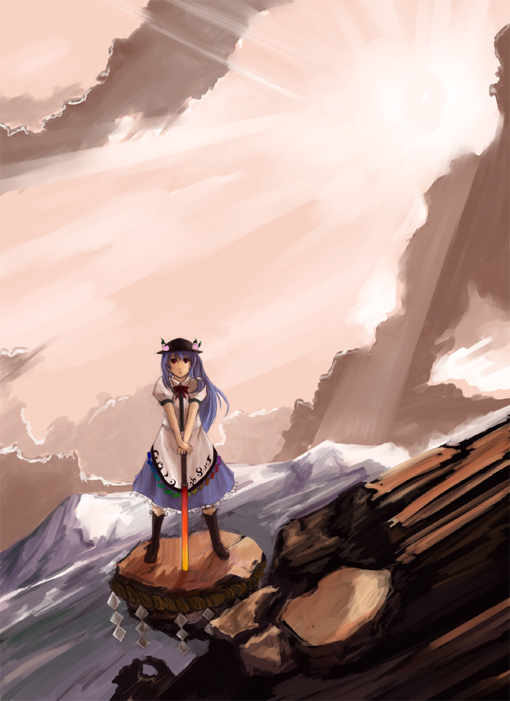 kirieppa, hinanawi tenshi, touhou, bad id, bad pixiv id, 1girl, blue hair, cloud, female focus, food, fruit, full body, hat, kaname-ishi, long hair, outdoors, peach, ribbon, rope, shide, shimenawa, sky, solo, standing, sword, sword of hisou, weapon