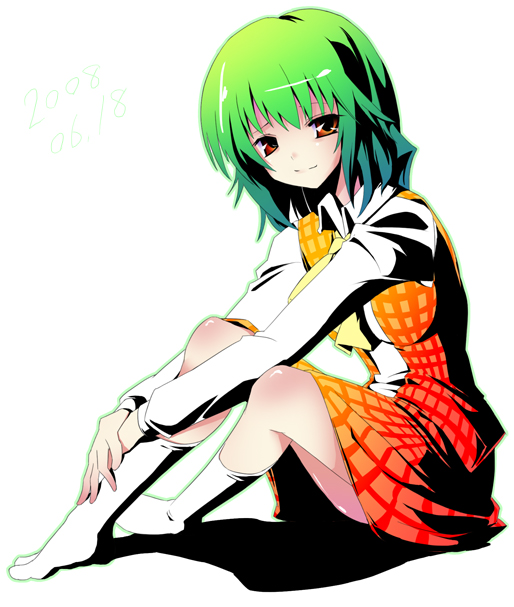 itose ikuto, kazami yuuka, touhou, bad id, bad pixiv id, 1girl, ascot, breasts, female focus, green hair, impossible clothes, light smile, medium breasts, plaid clothes, plaid skirt, plaid vest, red eyes, short hair, sitting, skirt, skirt set, smile, solo, vest, white background