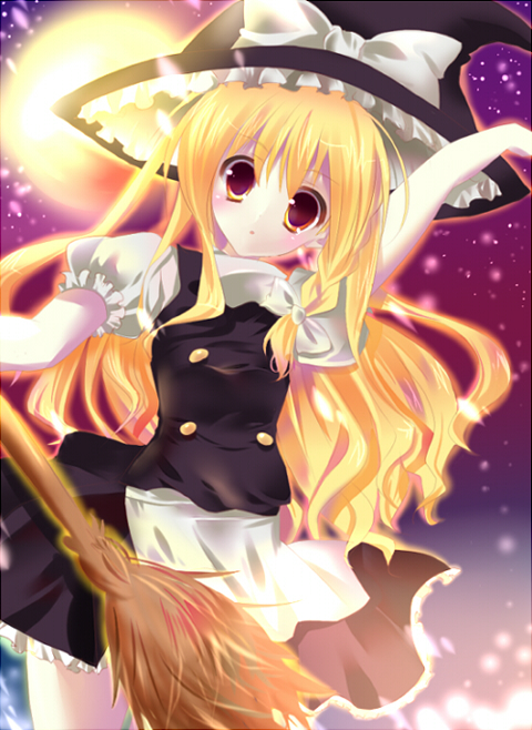 kinoko (hkn), kinoko (pixiv), kirisame marisa, touhou, bad id, bad pixiv id, 1girl, blonde hair, broom, female focus, gradient background, hat, long hair, outdoors, ribbon, skirt, sky, solo