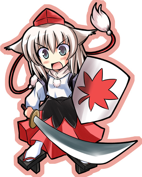 tokiniwa, inubashiri momiji, touhou, 1girl, animal ears, chibi, female focus, long skirt, shield, short hair, skirt, solo, sword, weapon, wolf ears
