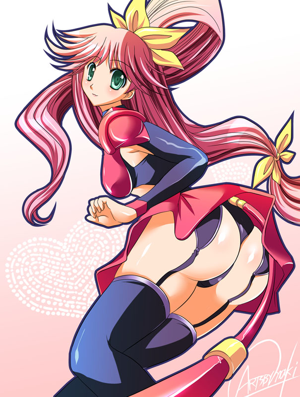 maki (seventh heaven maxion), priscilla (gunxsword), gunxsword, 1girl, ass, blush, female focus, green eyes, long hair, pink hair, ribbon, skirt, solo, tail, thighhighs