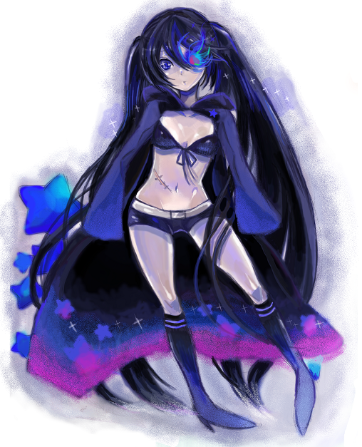 bakkanda, mak (pixiv), black rock shooter (character), hatsune miku, black rock shooter, vocaloid, bad id, bad pixiv id, 10s, 1girl, blackâ˜…rock shooter, black hair, blue eyes, female focus, full body, long hair, midriff, scar, shorts, solo, stitches, twintails