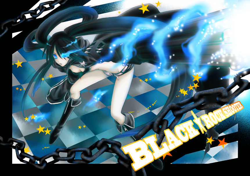 kitakami ryo, kitakami ryou, black rock shooter (character), hatsune miku, black rock shooter, vocaloid, 10s, 1girl, black hair, blacku00e2u02dcu2026rock shooter, blue eyes, chain, female focus, gun, long hair, midriff, shorts, solo, twintails, weapon