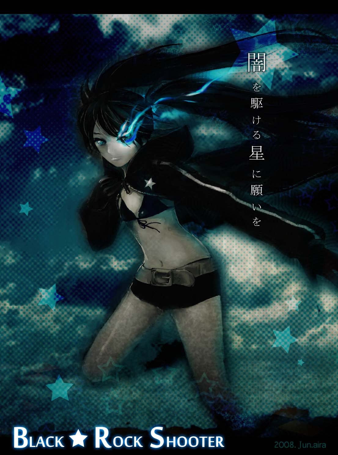 aira129, aira (pixiv), black rock shooter (character), hatsune miku, black rock shooter, vocaloid, highres, 10s, 1girl, black hair, blue eyes, female focus, long hair, midriff, shorts, solo, twintails