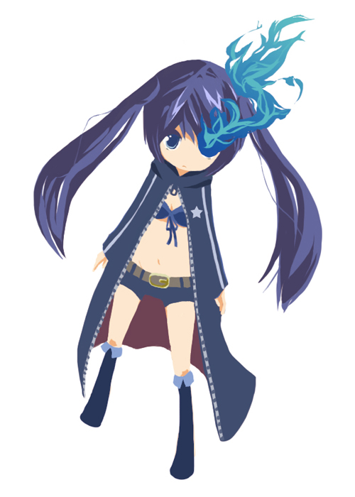 goyawa, black rock shooter (character), hatsune miku, black rock shooter, vocaloid, 10s, 1girl, black hair, blue eyes, chibi, female focus, full body, long hair, midriff, shorts, simple background, solo, twintails