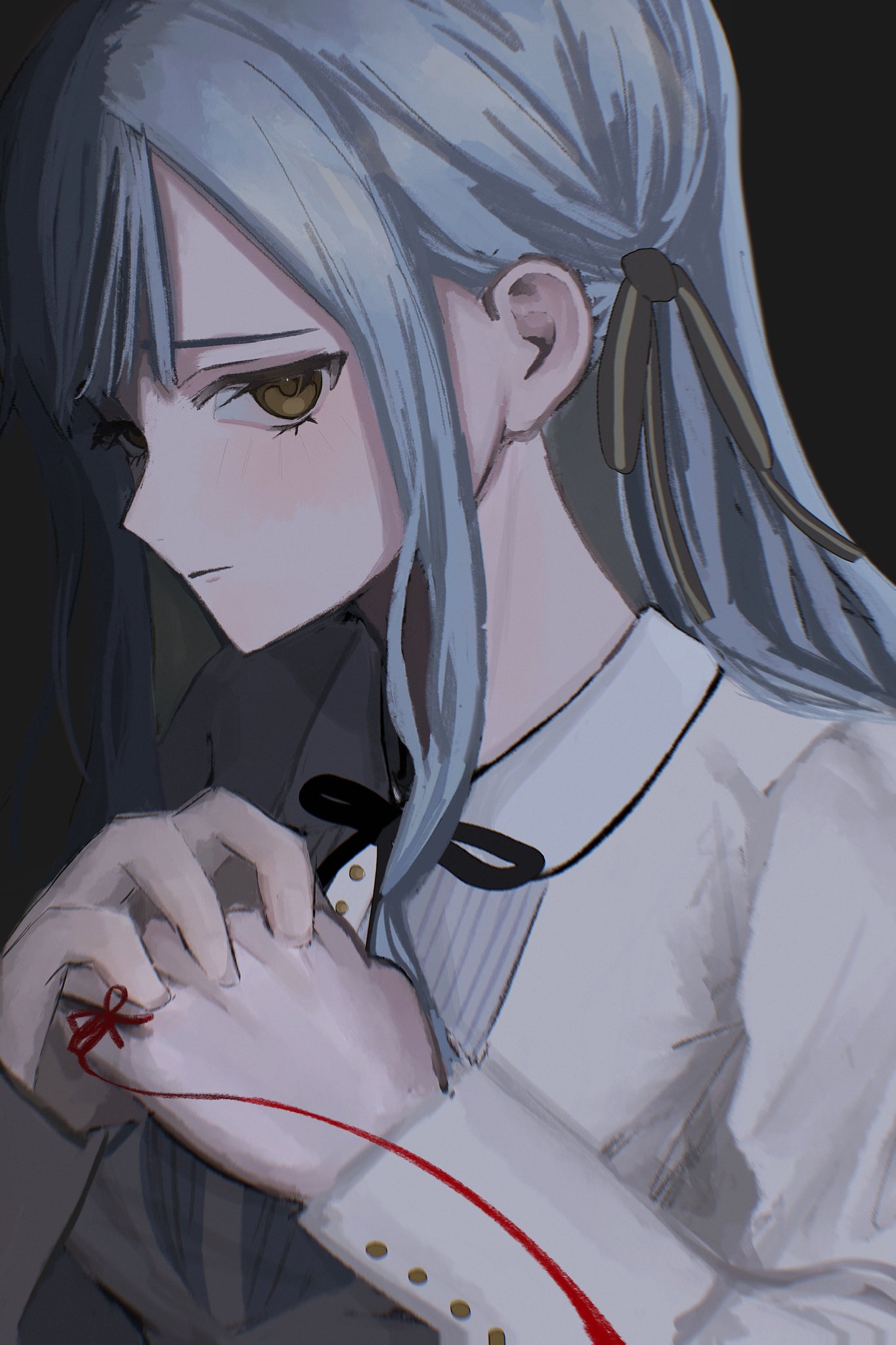 togawa sakiko, bang dream!, bang dream! it's mygo!!!!!, commentary, highres, 1girl, black ribbon, blue hair, blush, closed mouth, grey background, hair ribbon, long hair, long sleeves, neck ribbon, ribbon, shirt, simple background, solo, string, string of fate, upper body, white shirt, yellow eyes, yu ux xy