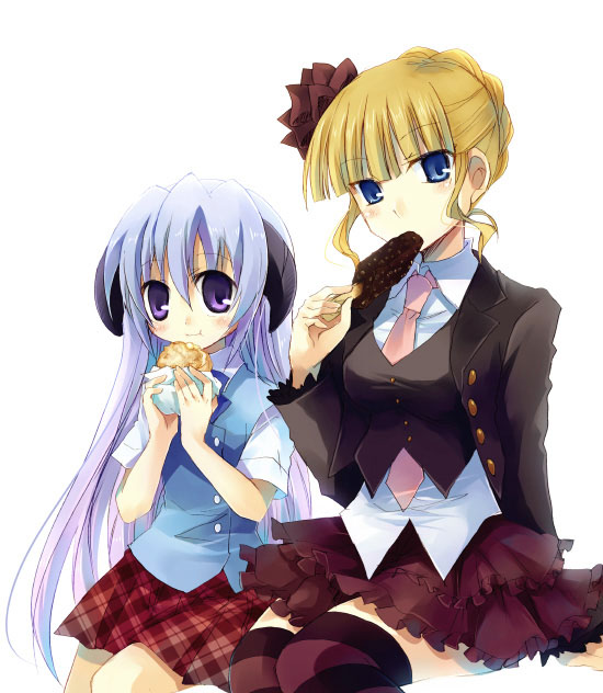 suzushiro kurumi, beatrice (umineko), hanyuu, higurashi no naku koro ni, umineko no naku koro ni, 00s, 2girls, blazer, blonde hair, blue eyes, blush, company connection, creator connection, crossover, eating, horns, in-franchise crossover, jacket, long hair, multiple girls, necktie, pink necktie, purple eyes, purple hair, school uniform, thighhighs, zettai ryouiki
