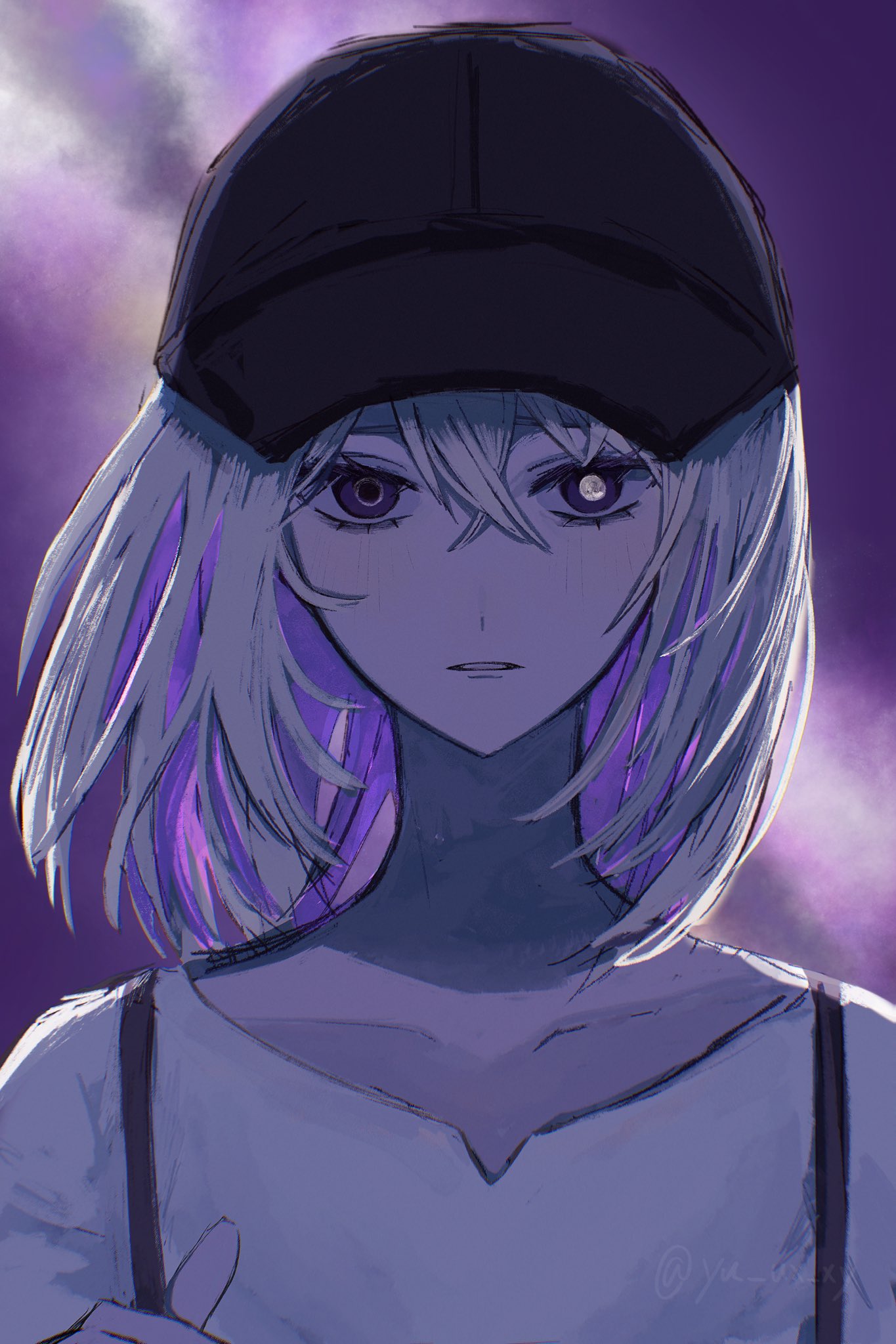 misumi uika, bang dream!, bang dream! it's mygo!!!!!, commentary request, highres, 1girl, baseball cap, black hat, blonde hair, eye reflection, floating hair, hair between eyes, hat, medium hair, moon, purple eyes, purple theme, reflection, shirt, solo, white shirt, yu ux xy