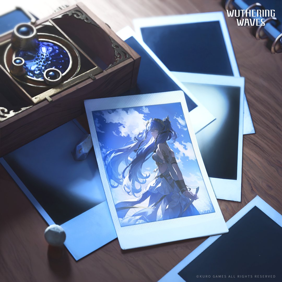 iuno (wuthering waves), wuthering waves, commentary, english commentary, official art, 1girl, ahoge, ancient greek clothes, armlet, arms behind back, bare shoulders, blue eyes, blue sky, breasts, closed mouth, copyright notice, day, from side, gold bra, greco-roman clothes, hair belt, head wreath, jewelry, logo, long hair, looking to the side, medium breasts, outdoors, polaroid photo, sky, smile, solo, twintails, very long hair, wind