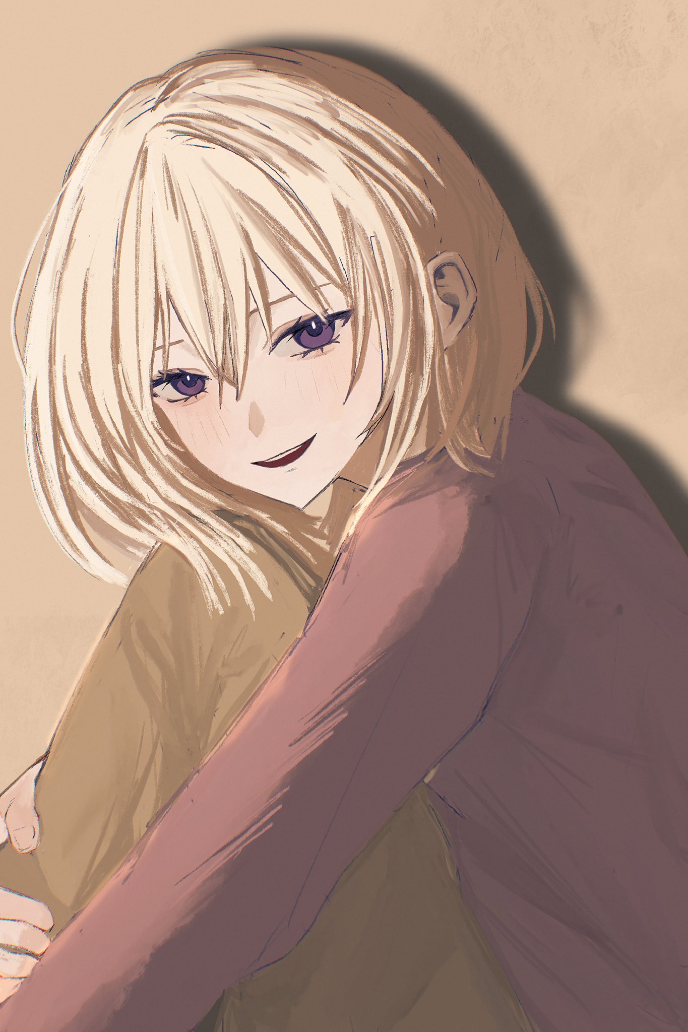misumi uika, bang dream!, bang dream! it's mygo!!!!!, commentary, highres, 1girl, blonde hair, brown background, hair between eyes, long sleeves, looking at viewer, medium hair, open mouth, purple eyes, purple shirt, shadow, shirt, solo, teeth, upper teeth only, yu ux xy
