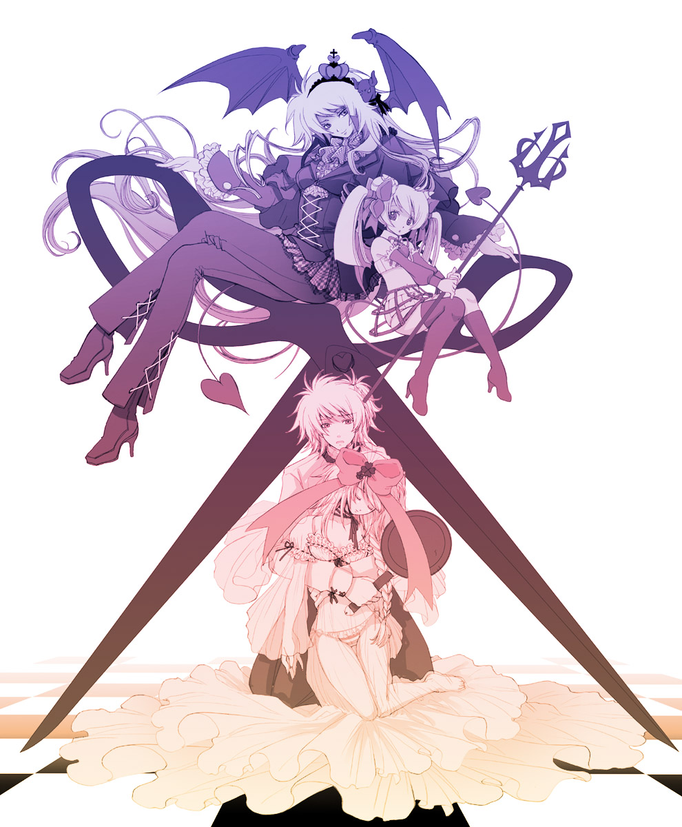 shima chiyo, original, bad id, bad pixiv id, highres, 1boy, 3girls, ascot, boots, bow, braid, corset, crown, demon girl, demon tail, demon wings, dress, frills, hair ribbon, hat, head wings, horns, long hair, monochrome, multiple girls, panties, polearm, ribbon, scissors, see-through clothes, spear, tail, thigh boots, thighhighs, trident, twintails, underwear, very long hair, weapon, wings