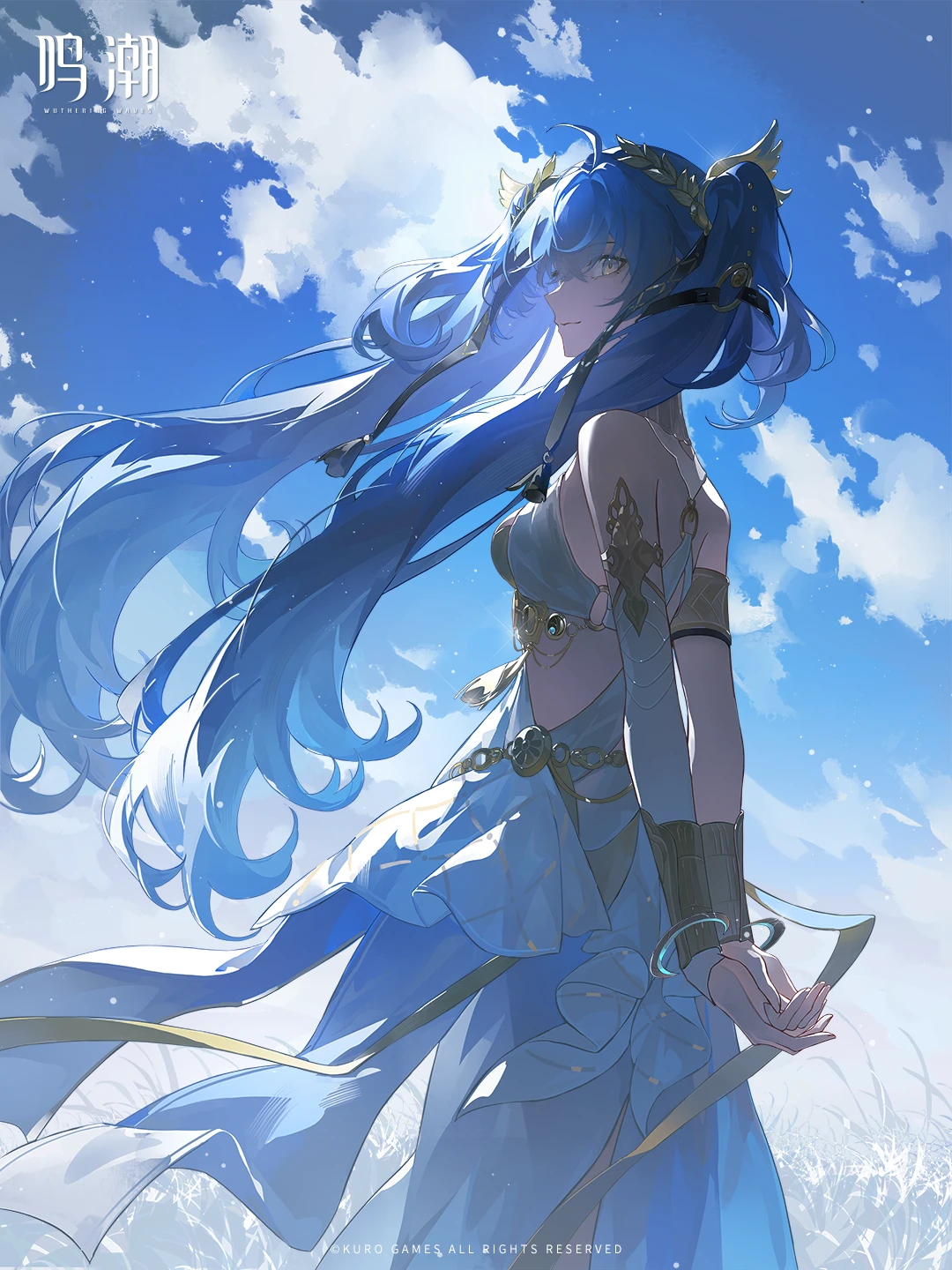 iuno (wuthering waves), wuthering waves, highres, official art, 1girl, ahoge, ancient greek clothes, armlet, arms behind back, bare shoulders, blue eyes, blue sky, breasts, closed mouth, copyright notice, day, from side, gold bra, greco-roman clothes, hair belt, head wreath, jewelry, logo, long hair, looking to the side, medium breasts, missing commentary, outdoors, sky, smile, solo, twintails, very long hair, wind