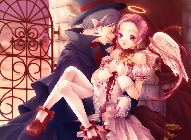 shima chiyo, original, bad id, bad pixiv id, angel, angel wings, cape, carrying, cross, dress, fang, halo, high heels, latin cross, long hair, pink eyes, pink hair, pointy ears, shoes, thighhighs, traditional halo, vampire, wings