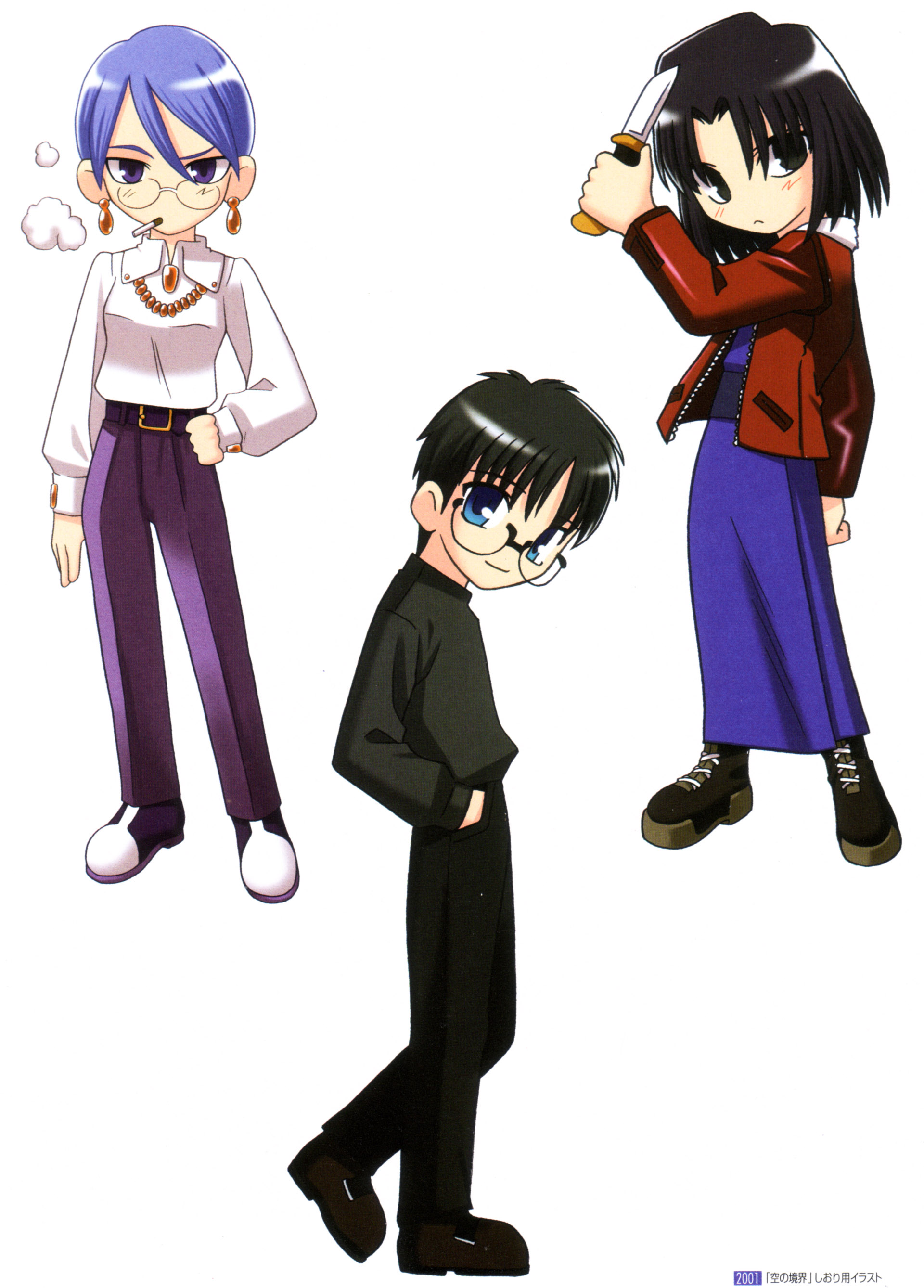 takeuchi takashi, aozaki touko, aozaki touko (original design), kokutou mikiya, ryougi shiki, kara no kyoukai, absurdres, highres, scan, 1boy, 2girls, black hair, blue eyes, blue hair, boots, brown eyes, brown hair, chibi, cigarette, glasses, jacket, japanese clothes, jewelry, kimono, knife, multiple girls, necklace, obi, red eyes, red jacket, sash, short hair
