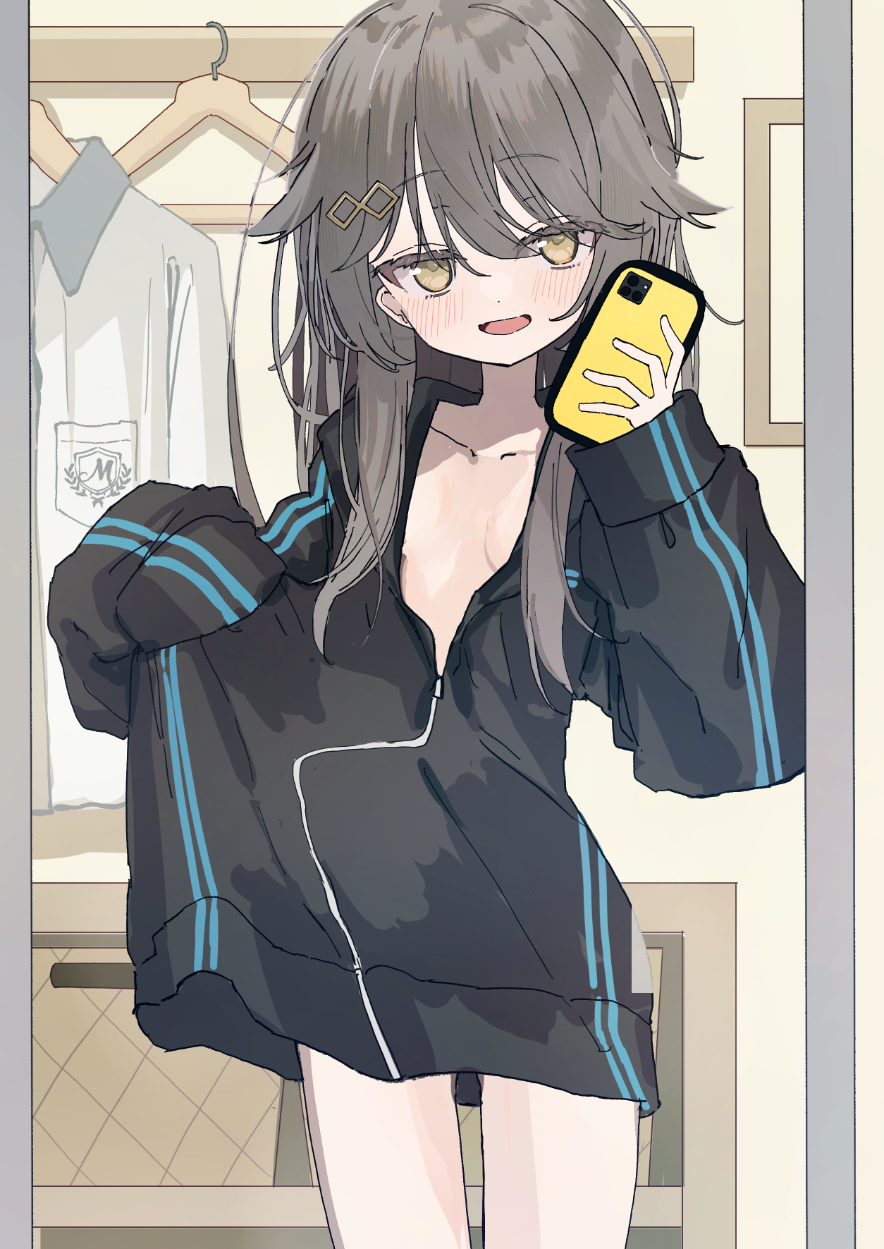 inaba reito, original, highres, 1girl, black hoodie, black jacket, blush, breasts, cellphone, clothes hanger, collarbone, cowboy shot, grey hair, hair between eyes, hair ornament, hairclip, holding, holding phone, hood, hoodie, indoors, jacket, long hair, long sleeves, looking at viewer, mirror, no bra, open mouth, partially unzipped, phone, selfie, sleeves past wrists, small breasts, smartphone, smile, solo, track jacket, yellow eyes