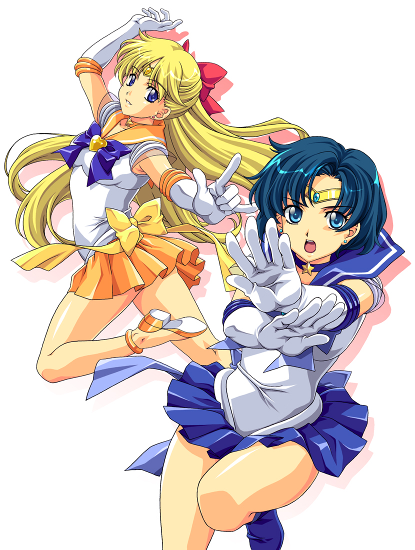 nagayori, aino minako, mizuno ami, sailor mercury, sailor venus, super sailor mercury, super sailor venus, bishoujo senshi sailor moon, 1990s (style), 2girls, bare legs, blonde hair, blue eyes, blue hair, blue sailor collar, blue skirt, bow, brooch, choker, circlet, earrings, elbow gloves, gloves, hair bow, hair ribbon, half updo, heart, heart brooch, high heels, inner senshi, jewelry, legs, long hair, magical girl, multiple girls, open mouth, orange skirt, parted lips, red bow, retro artstyle, ribbon, sailor, sailor collar, sailor senshi, serious, shoes, short hair, skirt, smile, tiara, white background, white gloves