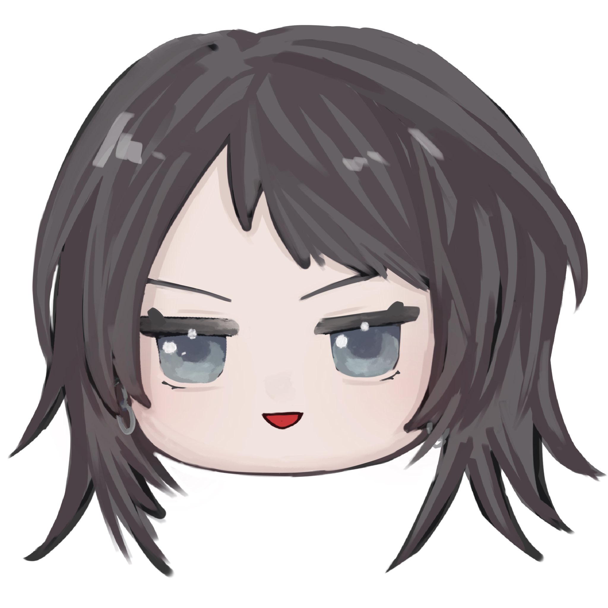 yahata umiri, bang dream!, bang dream! it's mygo!!!!!, commentary, highres, symbol-only commentary, 1girl, black hair, blue eyes, earrings, head only, jewelry, looking at viewer, medium hair, open mouth, simple background, solo, white background, yu ux xy, yukkuri shiteitte ne