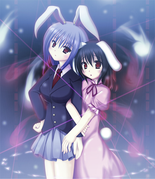 ribi (bluenami), inaba tewi, reisen udongein inaba, touhou, bad id, bad pixiv id, 2girls, animal ears, black hair, breasts, dress, female focus, gradient background, long hair, multiple girls, purple hair, rabbit ears, short hair, skirt