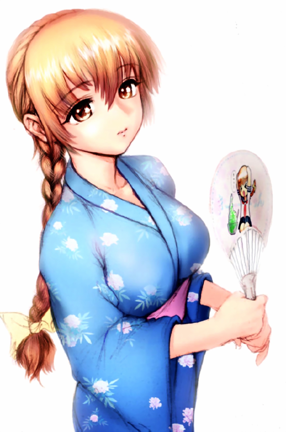 ebina souichi, kasumi (doa), dead or alive, tecmo, highres, scan, > <, braid, brain freeze, cameo, chibi, closed eyes, food, hair ribbon, hand fan, japanese clothes, kimono, orange eyes, orange hair, paper fan, ribbon, school uniform, serafuku, shaved ice, single braid, solo, uchiwa