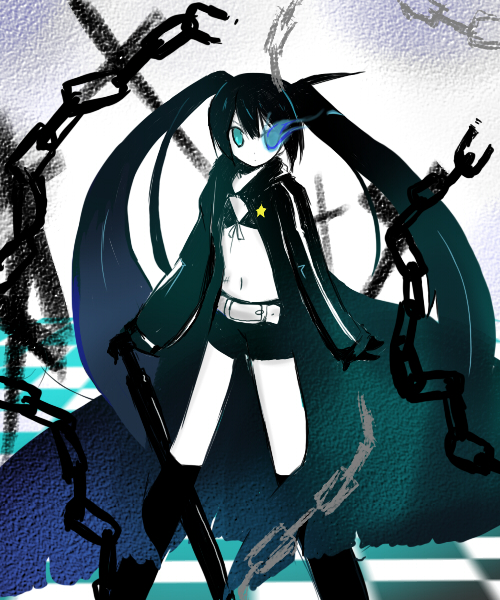 shichinose, black rock shooter (character), hatsune miku, black rock shooter, vocaloid, 10s, 1girl, black hair, blue eyes, chain, female focus, long hair, midriff, short shorts, shorts, solo, twintails