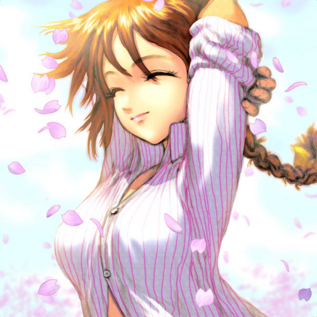 ebina souichi, kasumi (doa), dead or alive, tecmo, scan, 1girl, arms behind head, arms up, braid, closed eyes, eyelashes, female focus, orange hair, petals, shirt, sleeves pushed up, solo, stretching