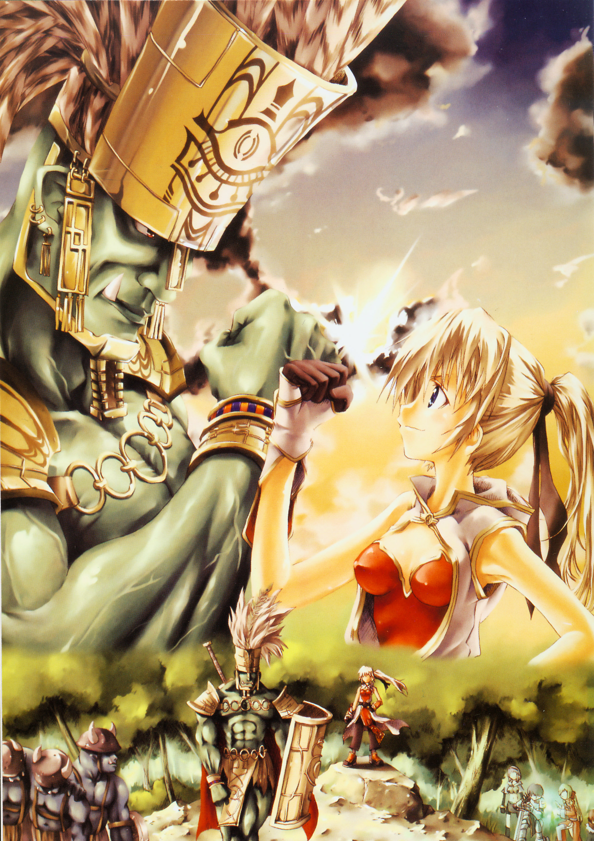 champion (ragnarok online), hunter (ragnarok online), monk (ragnarok online), orc hero, priest (ragnarok online), ragnarok online, absurdres, highres, 3girls, 6+boys, blue eyes, cloud, fist bump, gloves, helm, helmet, hunter, knight, monk, multiple boys, multiple girls, orc, ponytail, priest, sky