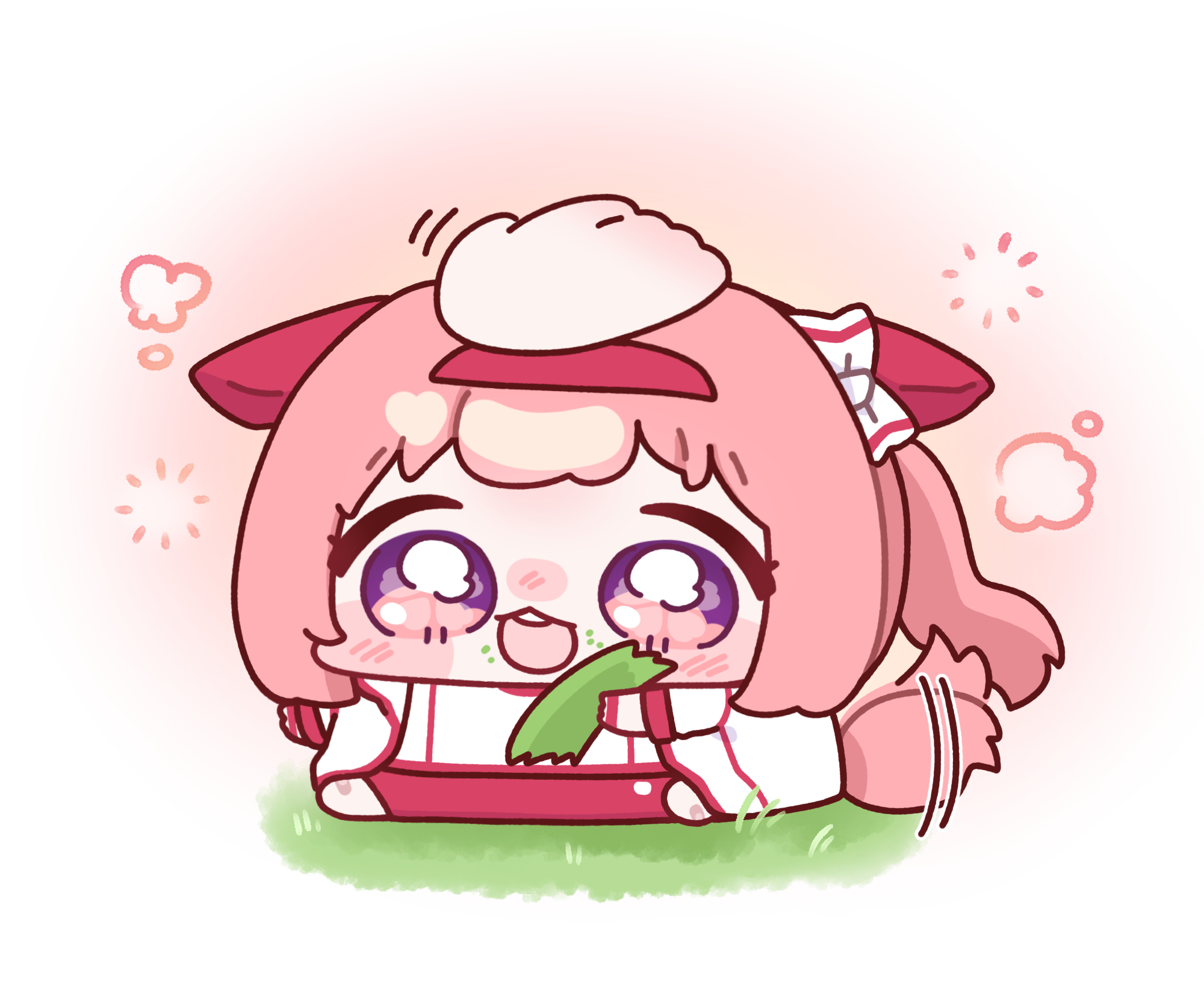 yananang, haru urara (bestest prize) (umamusume), haru urara (umamusume), umamusume, commentary, highres, 1girl, animal ears, bow, chibi, chibi only, disembodied hand, eating, food, food on face, grass, hair bow, headpat, horse ears, horse girl, horse tail, no nose, open mouth, pink hair, ponytail, purple eyes, shirt, sitting, solo, tail, tail wagging, teeth, upper teeth only, white bow, white shirt