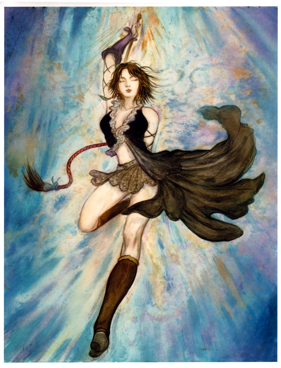 amano yoshitaka, yuna, yuna (ff10), final fantasy, final fantasy x, final fantasy x-2, highres, official art, scan, 00s, 1girl, alternate costume, boots, female focus, knee boots, legs, lips, skirt, solo