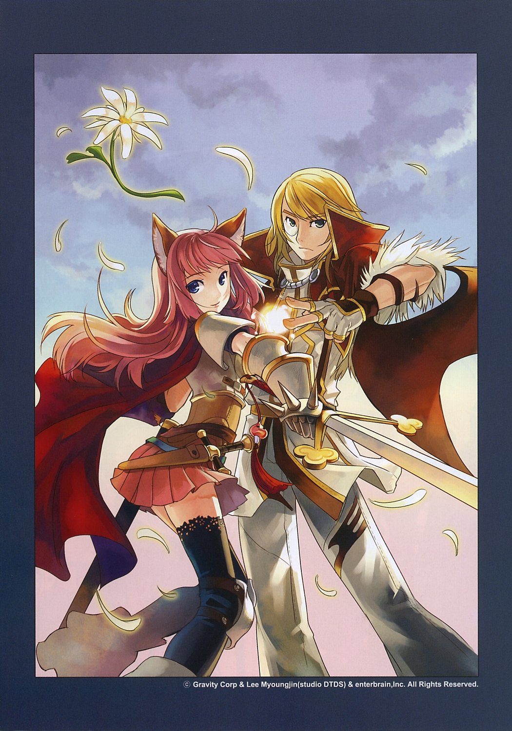 h2so4, high wizard (ragnarok online), lord knight (ragnarok online), ragnarok online, highres, 1boy, 1girl, animal ears, armor, armored dress, blue eyes, dress, green eyes, long hair, monocle, orange skirt, skirt, sword, thighhighs, weapon