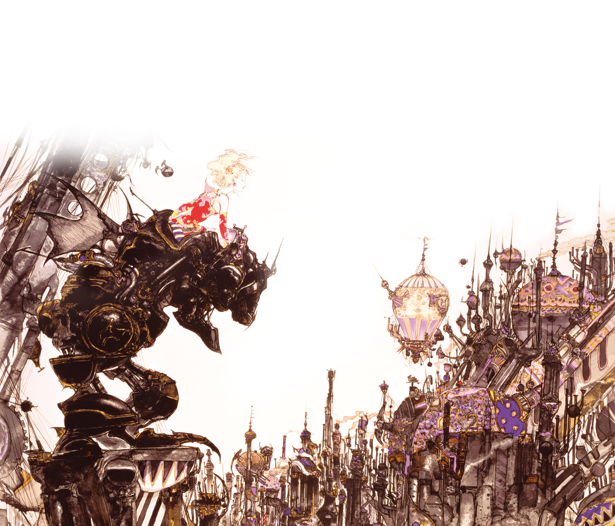 amano yoshitaka, tina branford, final fantasy, final fantasy vi, highres, official art, scan, 1990s (style), 1girl, city, female focus, magitek armor, mecha, outdoors, retro artstyle, robot, solo