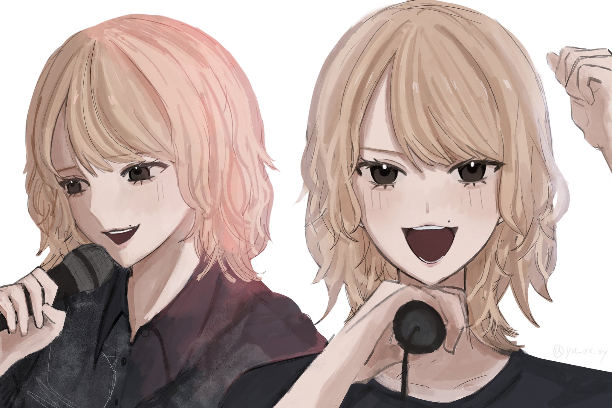 real life, commentary request, highres, 1girl, :3, aegyo sal, arm up, black eyes, black shirt, blonde hair, blush, cowboy shot, holding, holding microphone, medium hair, microphone, mole, mole above mouth, open mouth, sasaki rico (voice actor), shirt, simple background, teeth, upper teeth only, voice actor, white background, yu ux xy