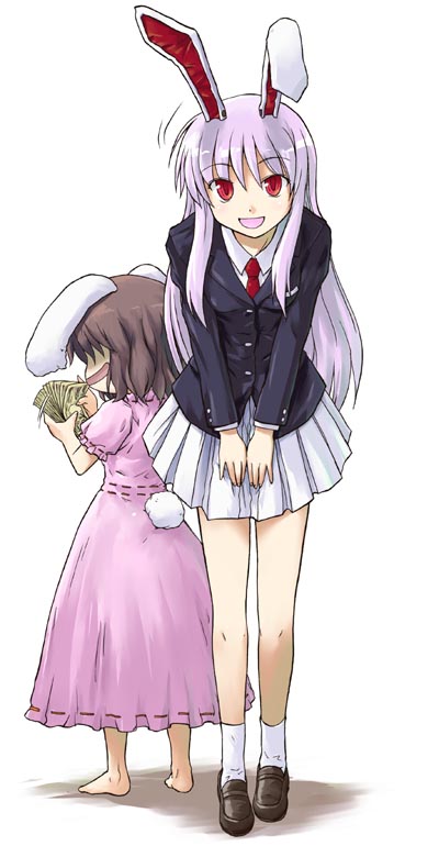 tsuyadashi shuuji, inaba tewi, reisen udongein inaba, touhou, light purple hair, white legwear, 2girls, animal ears, barefoot, brown hair, dress, female focus, formal clothes, full body, loafers, long sleeves, looking at viewer, money, multiple girls, necktie, pink dress, pleated skirt, puffy short sleeves, puffy sleeves, rabbit ears, red eyes, red necktie, shoes, short sleeves, simple background, skirt, socks, standing, suit, white background, white skirt